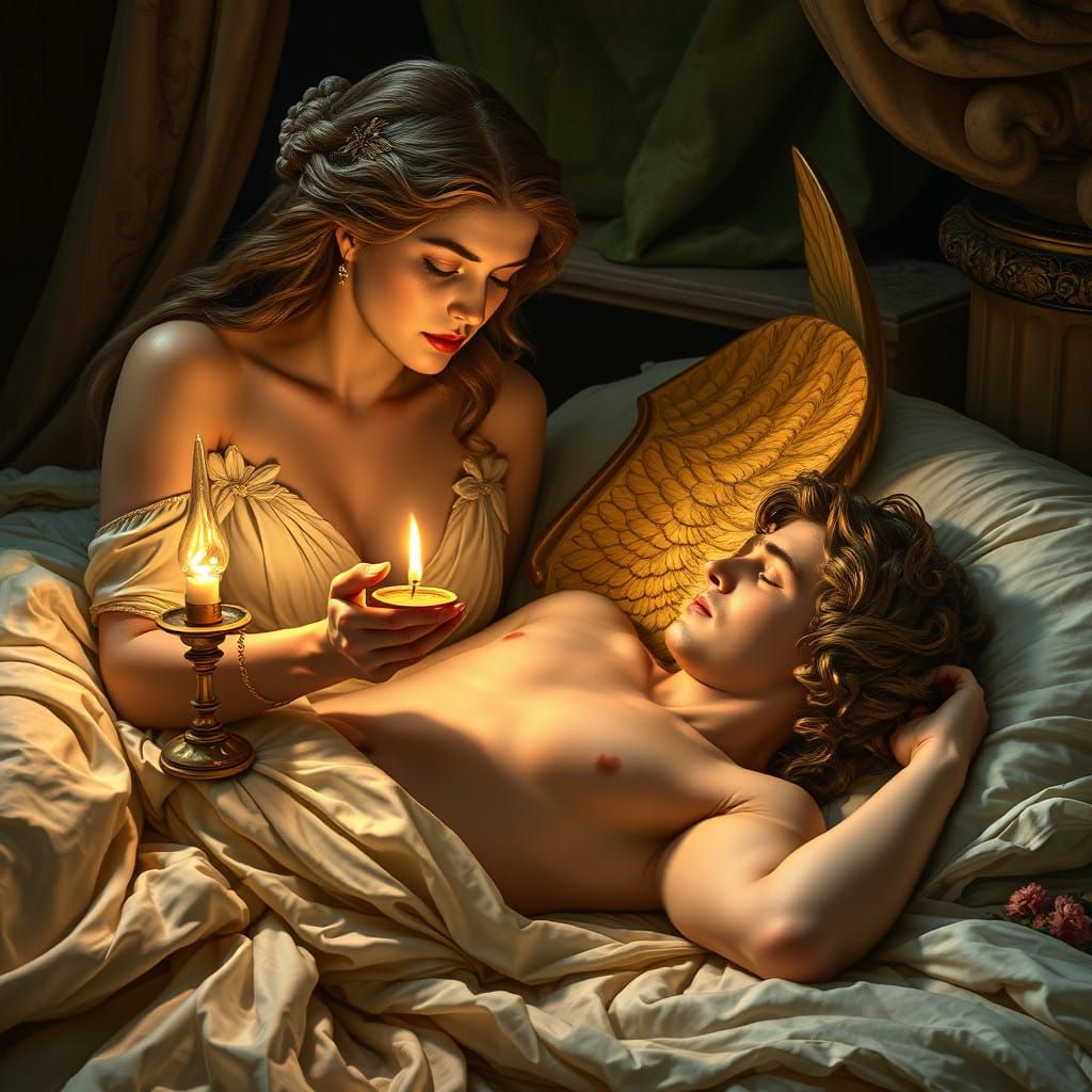 Psyche Contemplates Eros in a Dreamlike Ancient Greek Scene