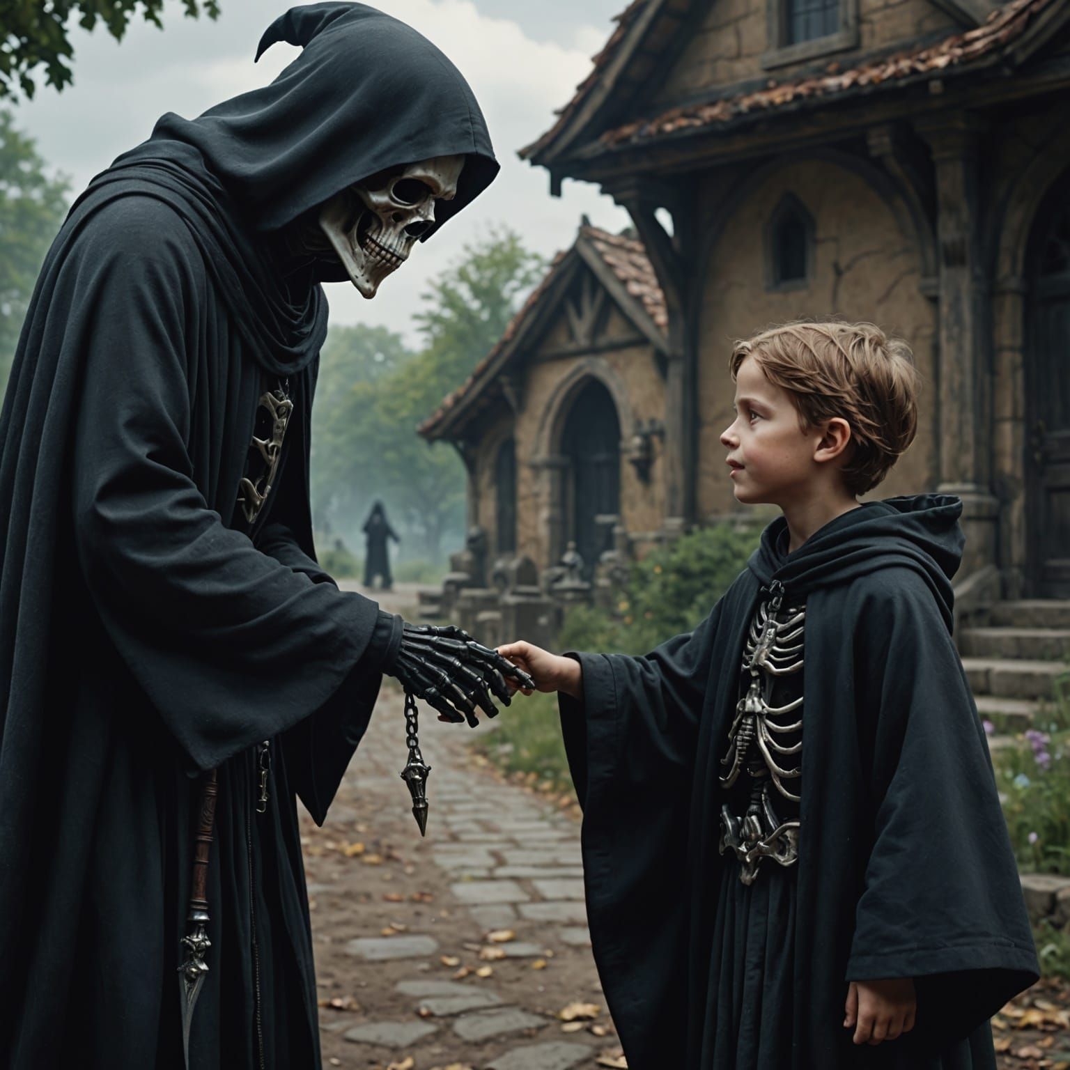 Hyperrealistic Grim Reaper Chatting with Child