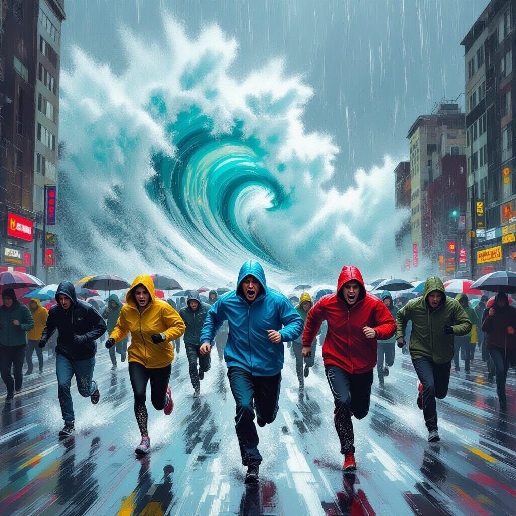 People Fleeing Hurricane Wave in Dramatic Painting Style