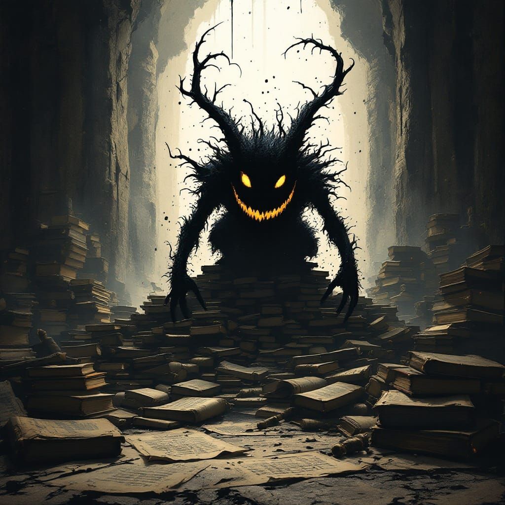 Epic Silhouette Ink-Spatter Monster in Ancient Library