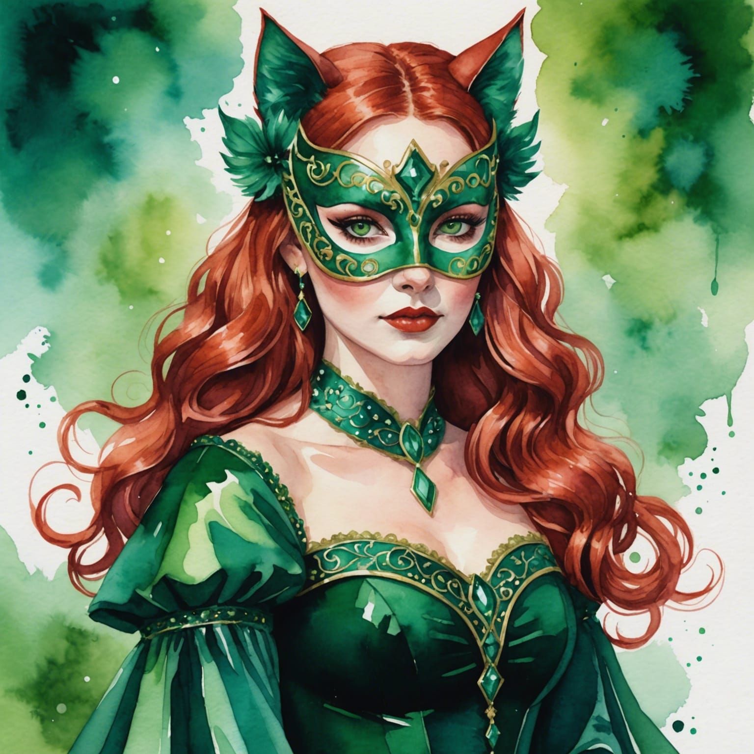 Emerald Cat Masquerade in Watercolor Style