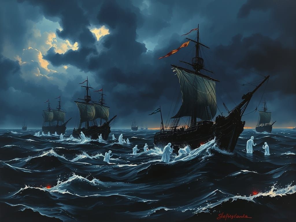 Spanish Armada's Doom in Dark, Ominous Landscape