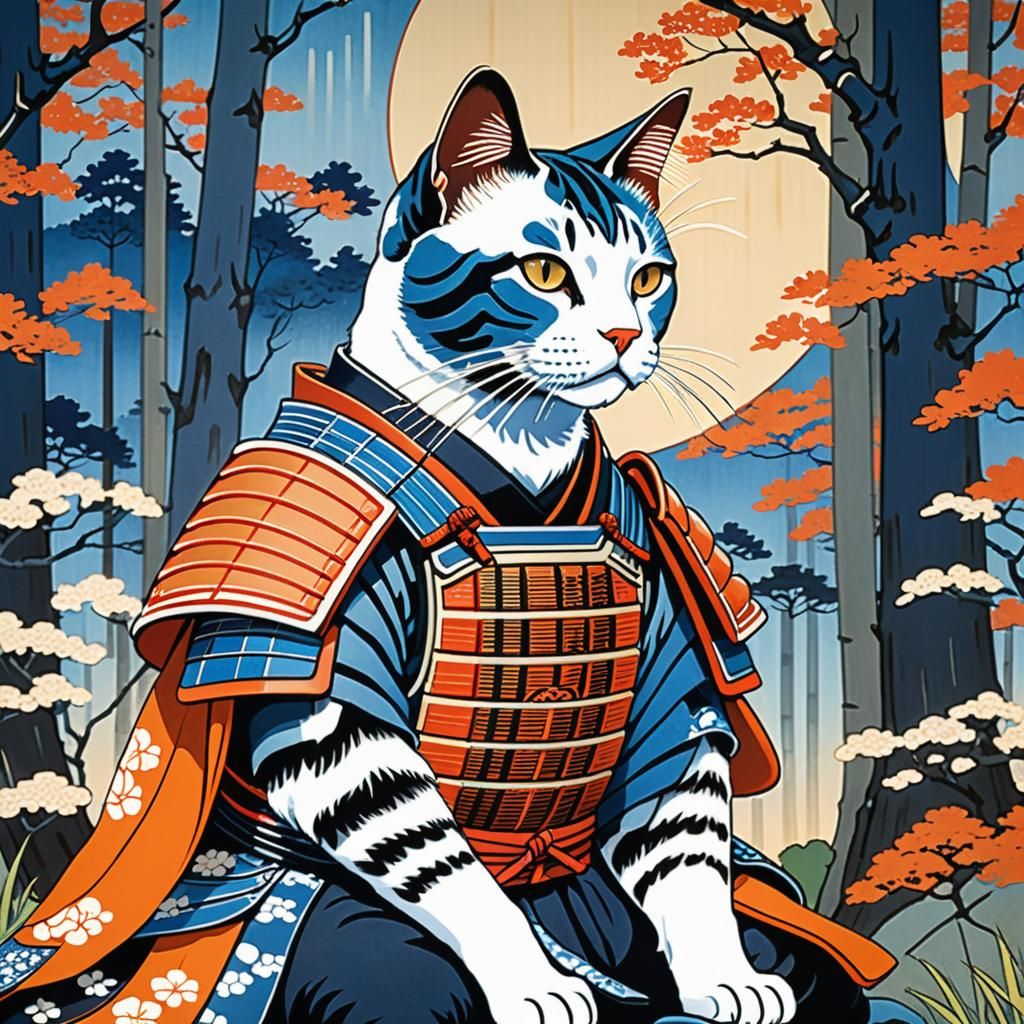 Samurai Cat in Forest, Ukiyo-e Style