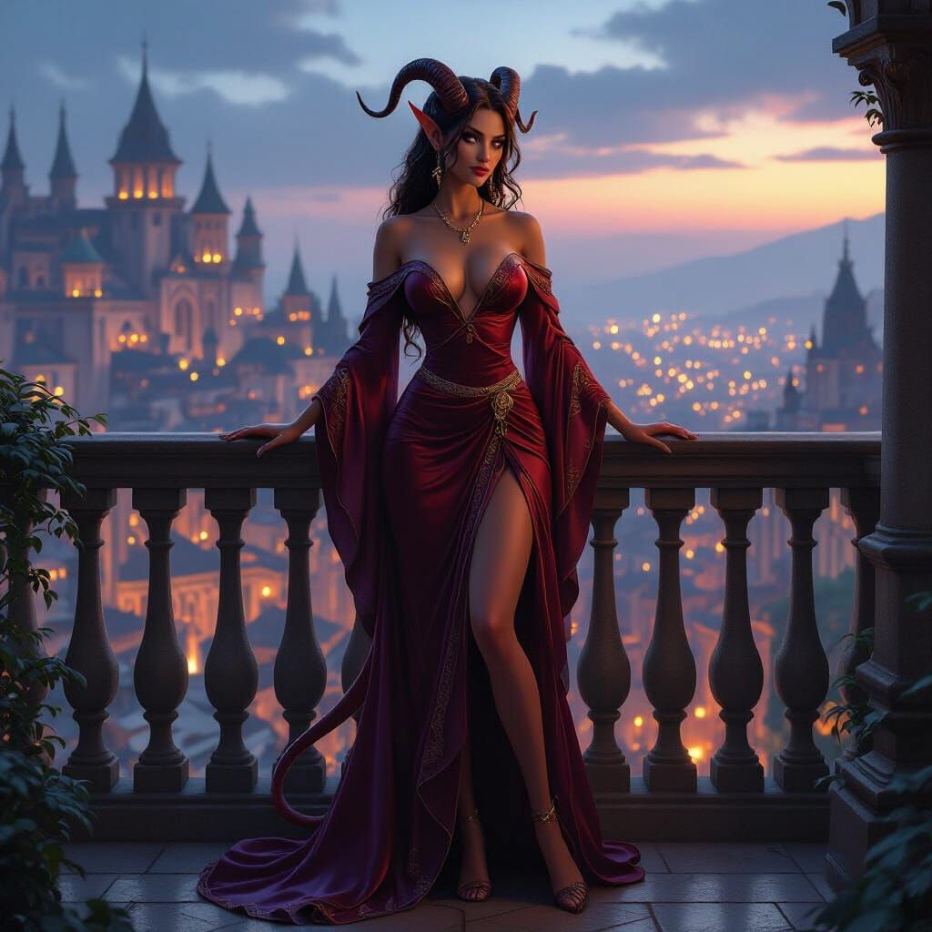 Tiefling On Balcony Overlooking Fantasy City Twilight