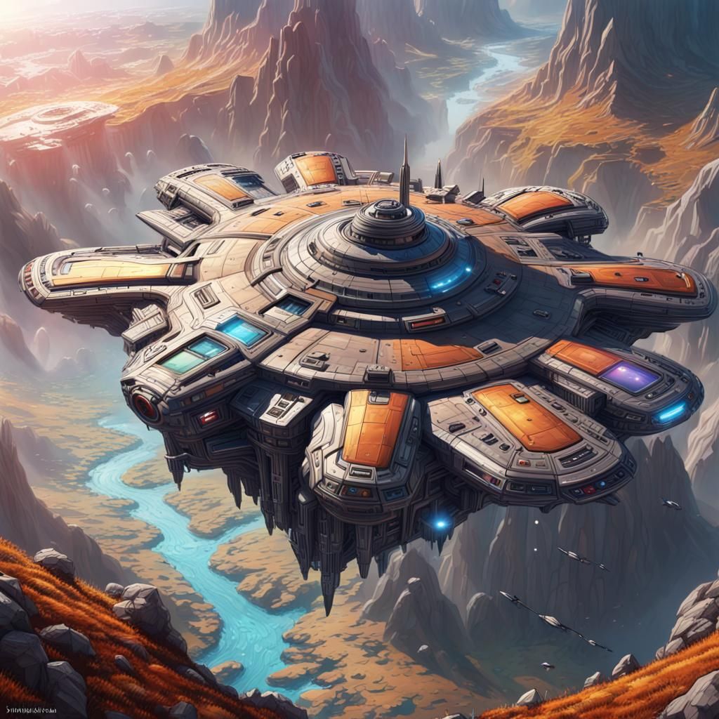 Hyperrealistic Mountain Settlement with Spaceship