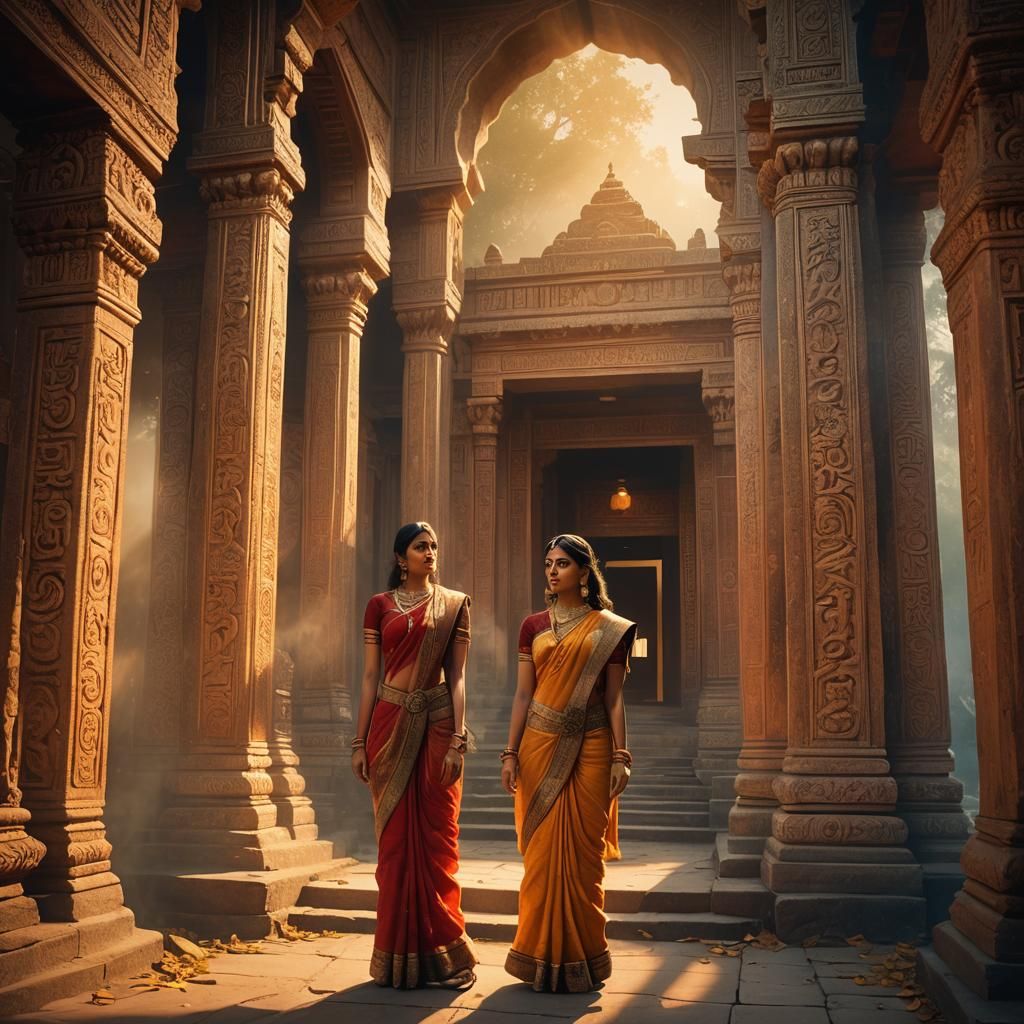 Glowing Woman in Ancient Hindu Temple, Raja Ravi Varma Style