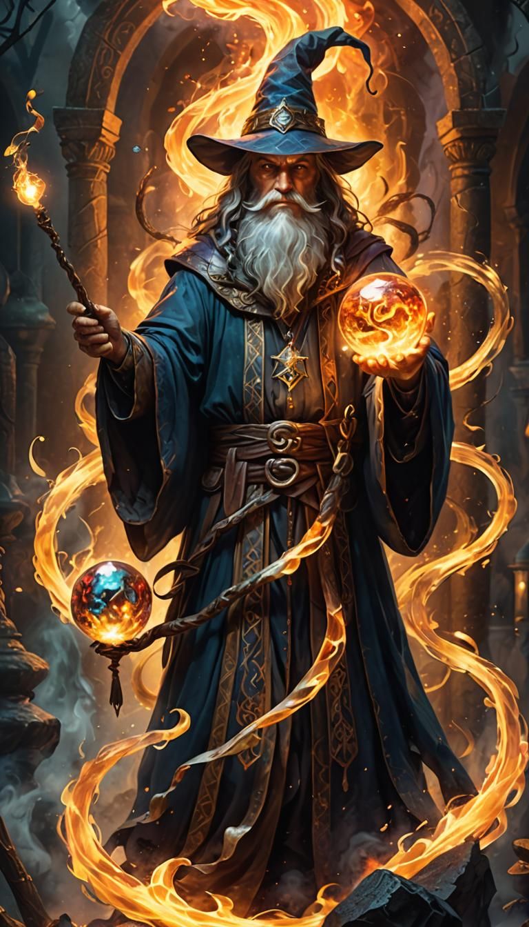 Wizard with Fire Crystal Staff in Fantasy Art