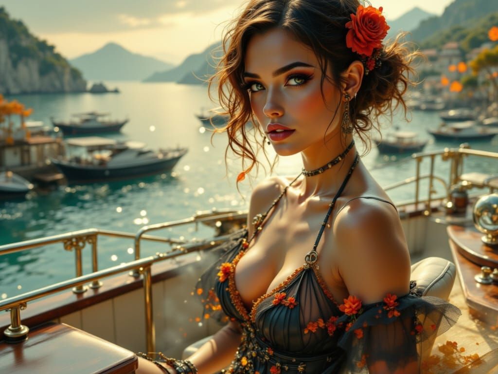 Elegant Woman on Riva Yacht, Digital Art