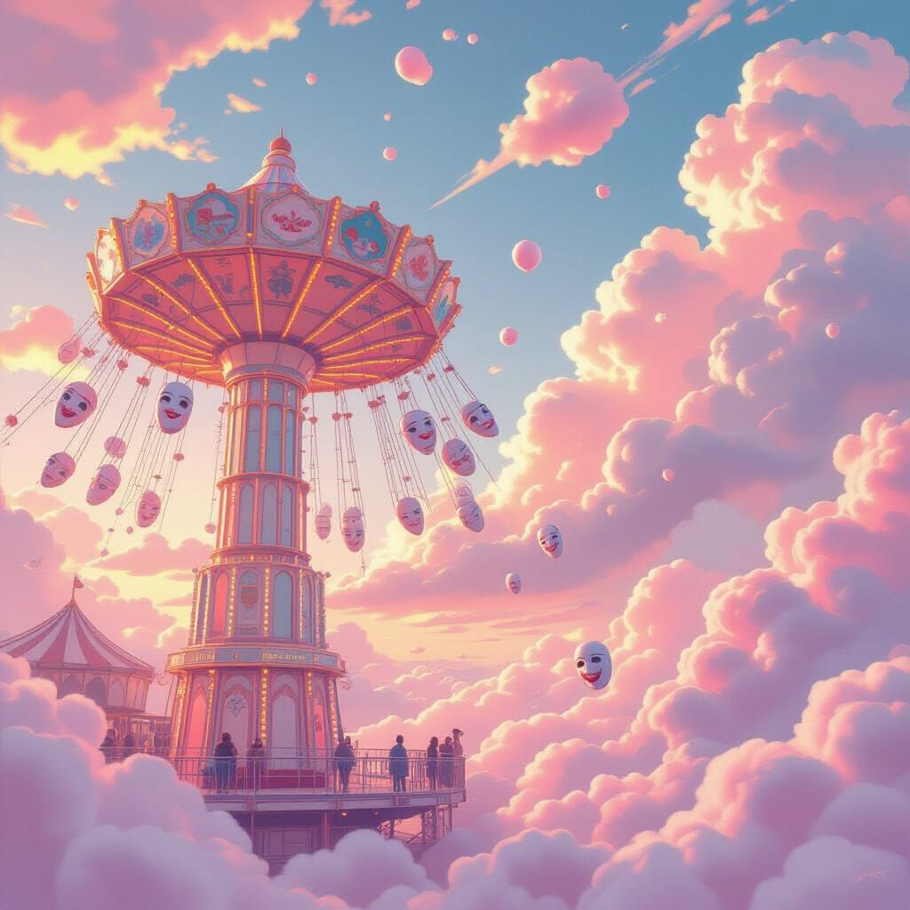 Dreamlike Carnival in Pastel Skies, Surreal 2.5D Art