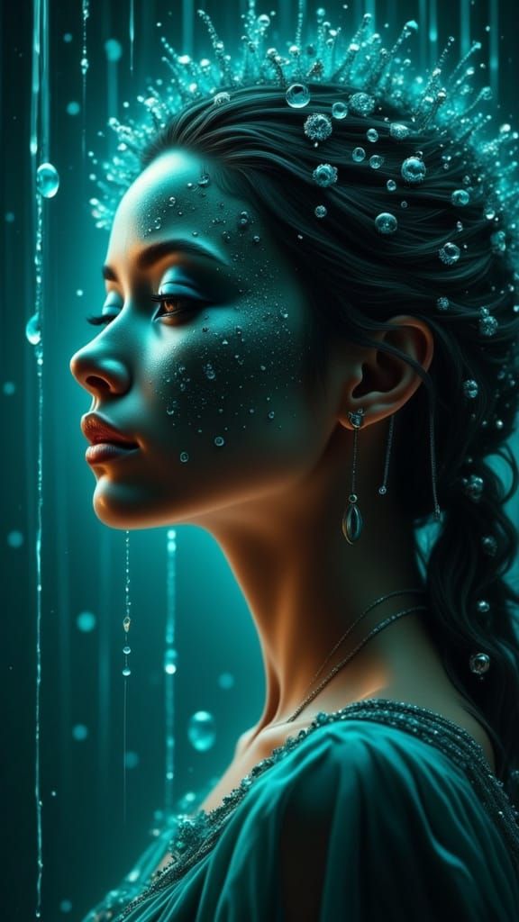 Ethereal Woman in Teal Amidst Flowing Rain