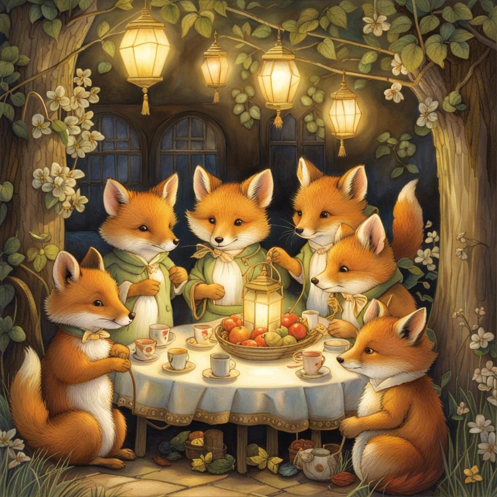 Fox Garden Party with Lanterns in Children's Book Style