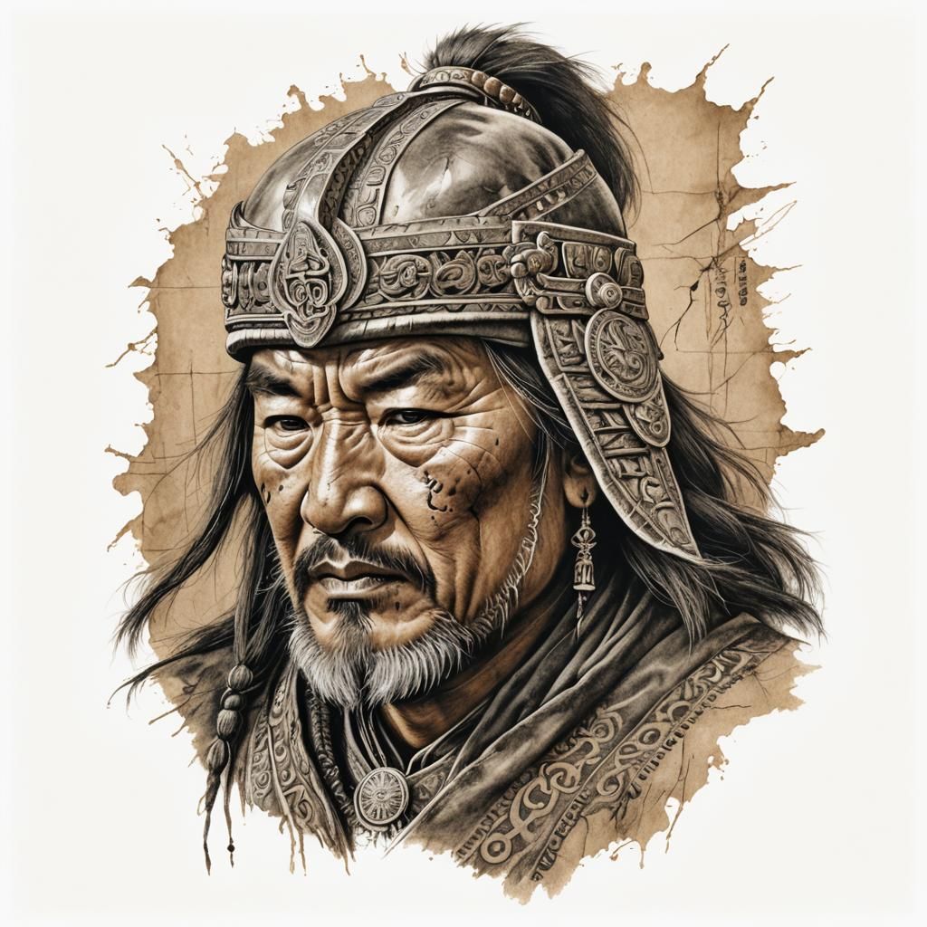 Genghis Khan Portrait in Charcoal with Tribal Tattoos