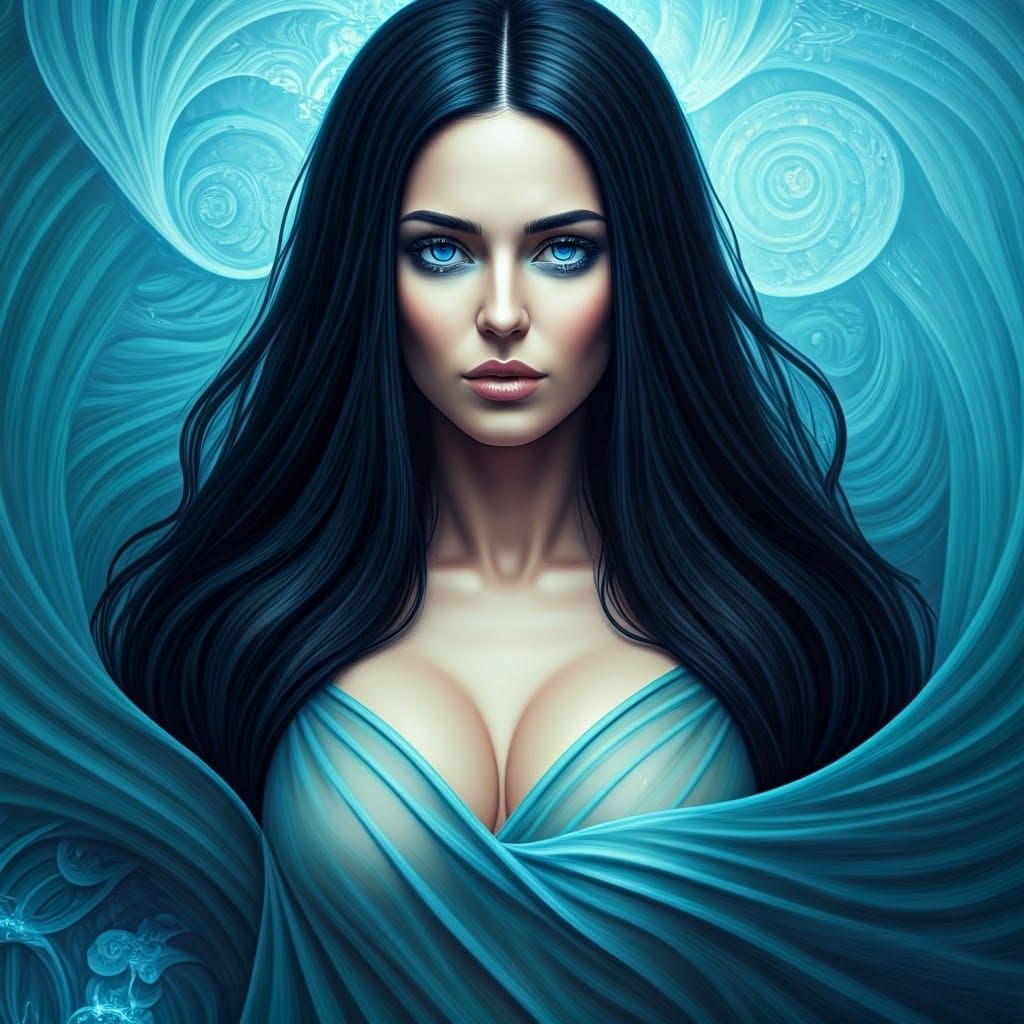 Enchanting Woman in Blue Silk: A Fantasy Portrait