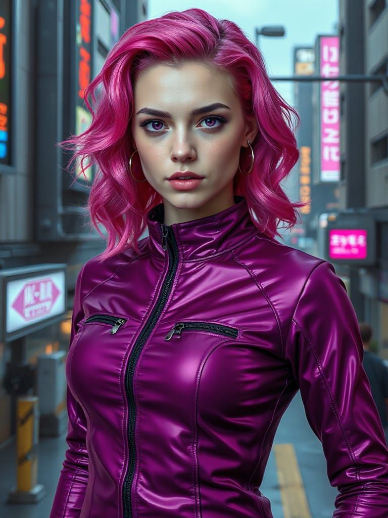 Futuristic Woman with Pink Hair in Sci-Fi Cityscape