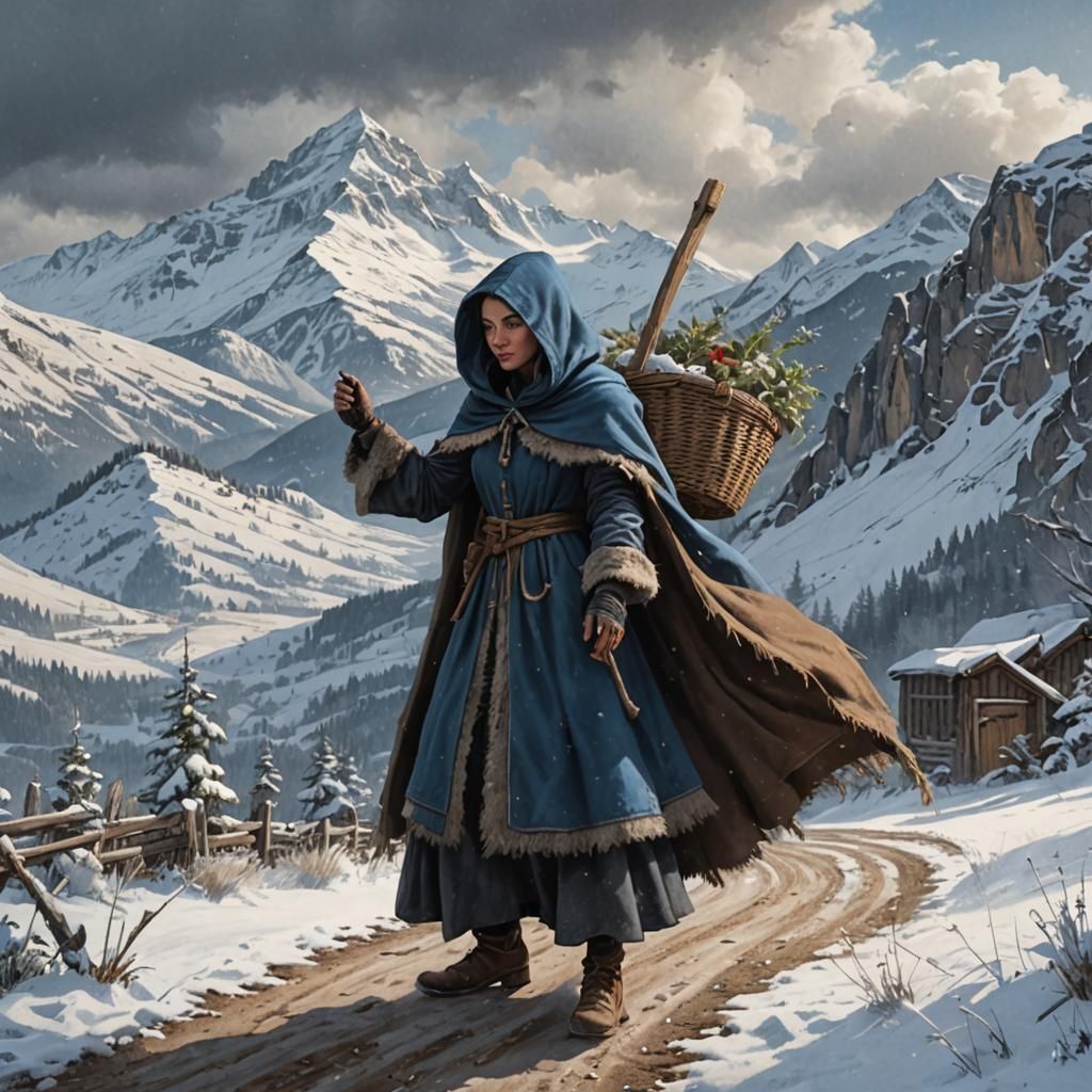 Thief in Snowy Mountain Pass: Ink and Watercolor