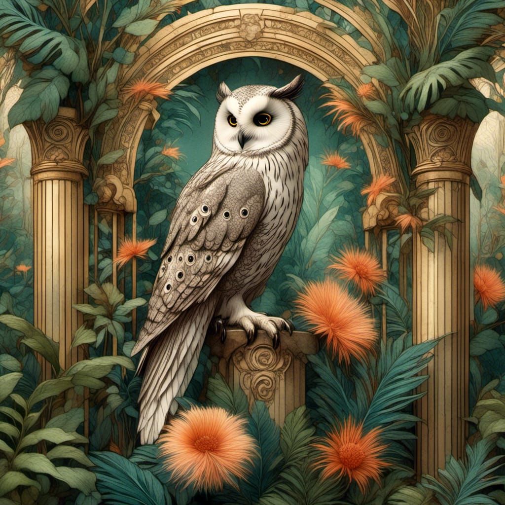 Art Deco Owl in Tropical Garden Illustration