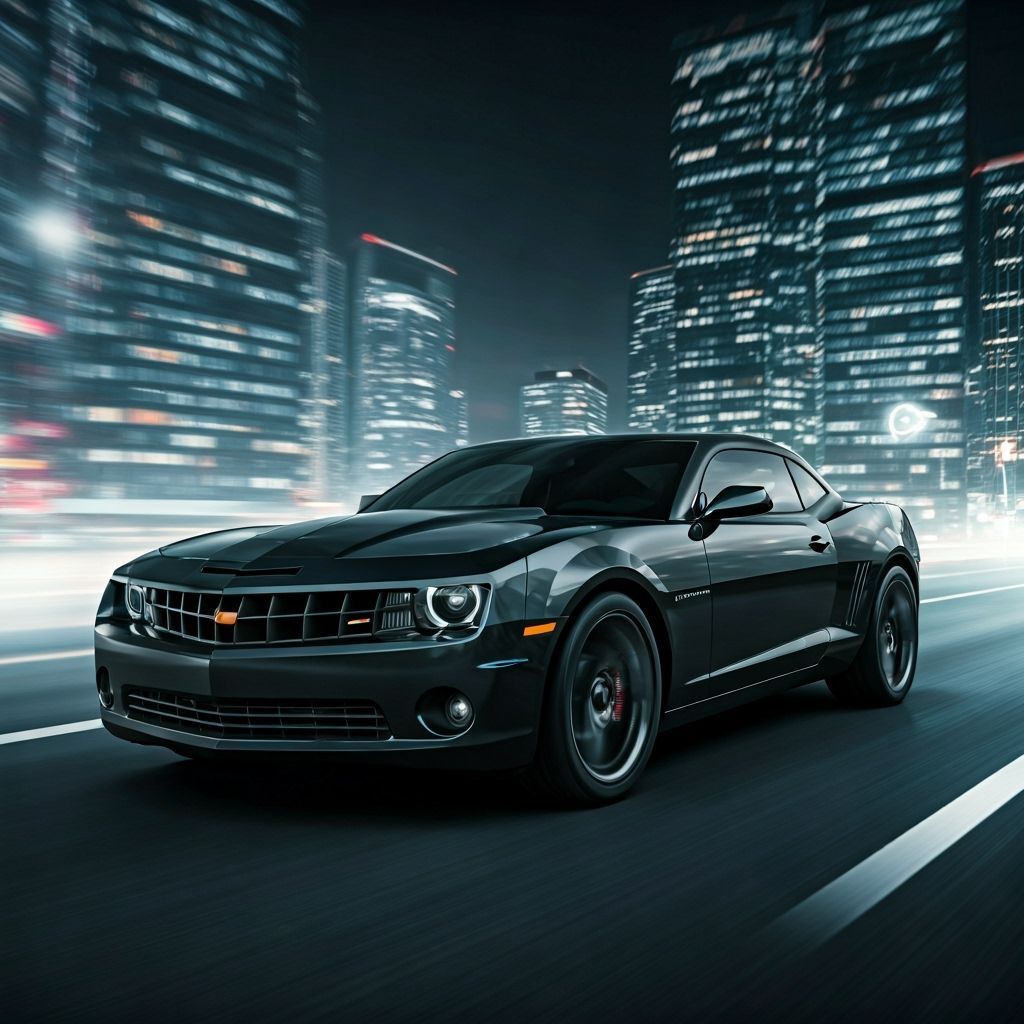 Black Camaro Speeds Through Digital Cityscape