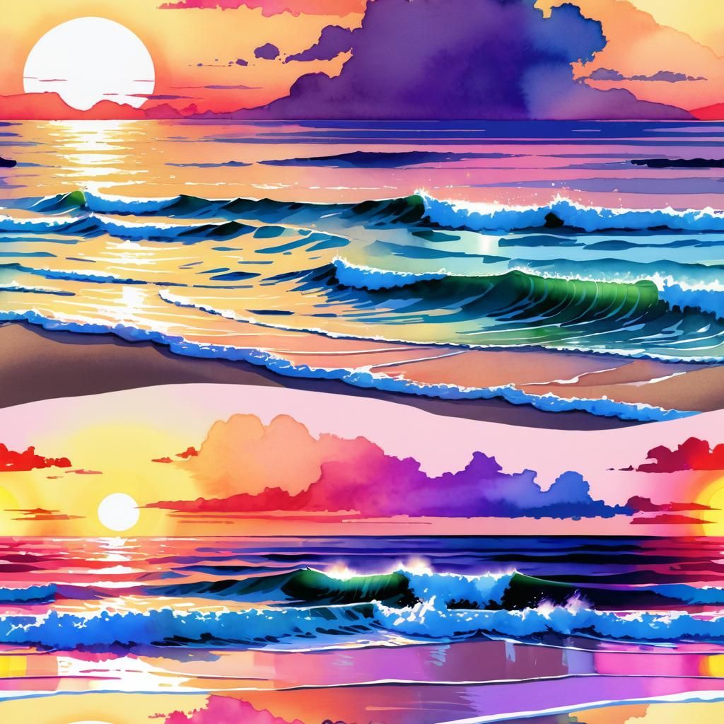 Beach Sunset in Digital Watercolor Illustration