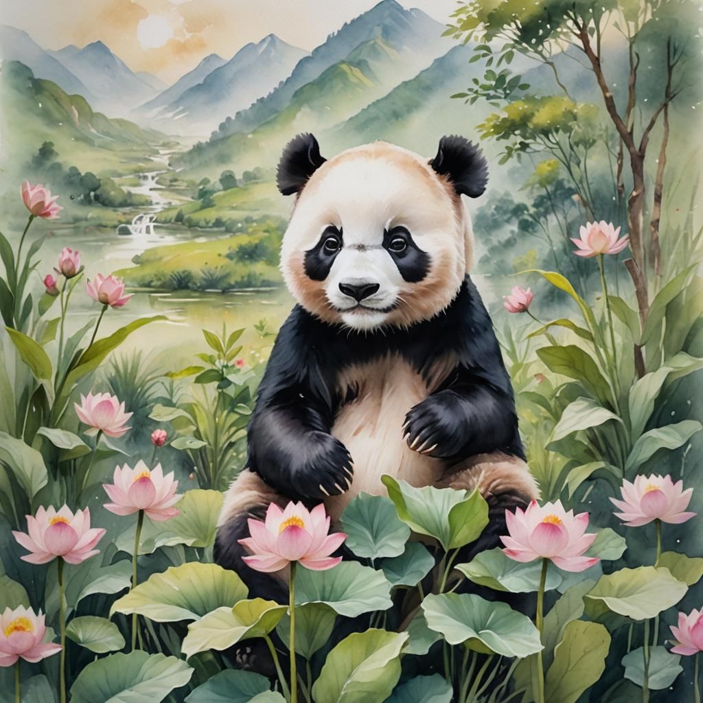 Dreamy Watercolor Panda Portrait in Serene Garden