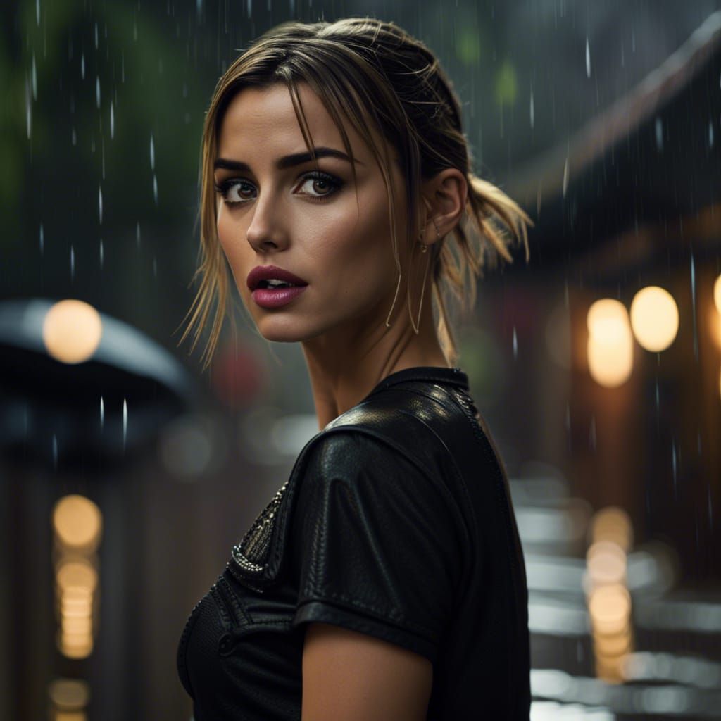 Ana de Armas in Cargo Pants on Rainy Day