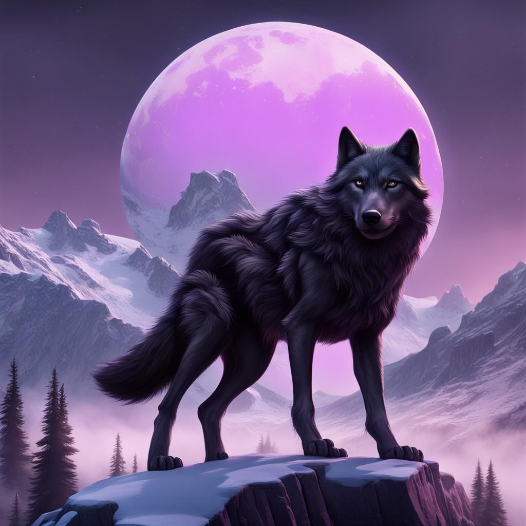 Wolf Gazing at Purple Moon in a Jar