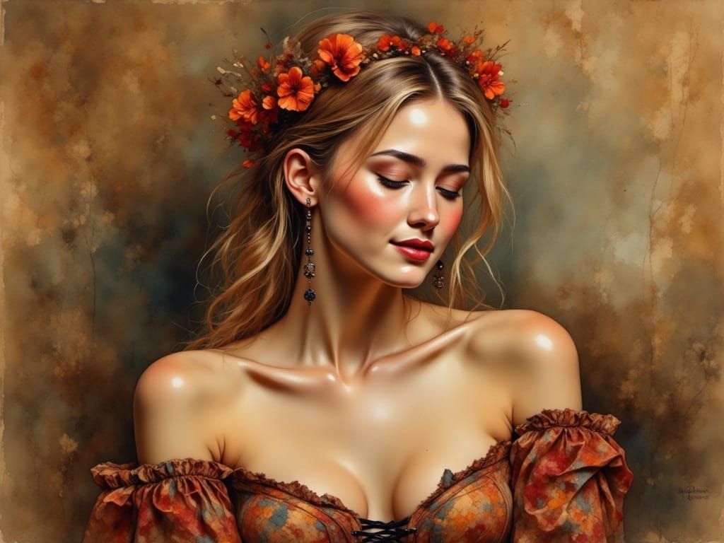 Grungy Oil Painting of a Serene Woman