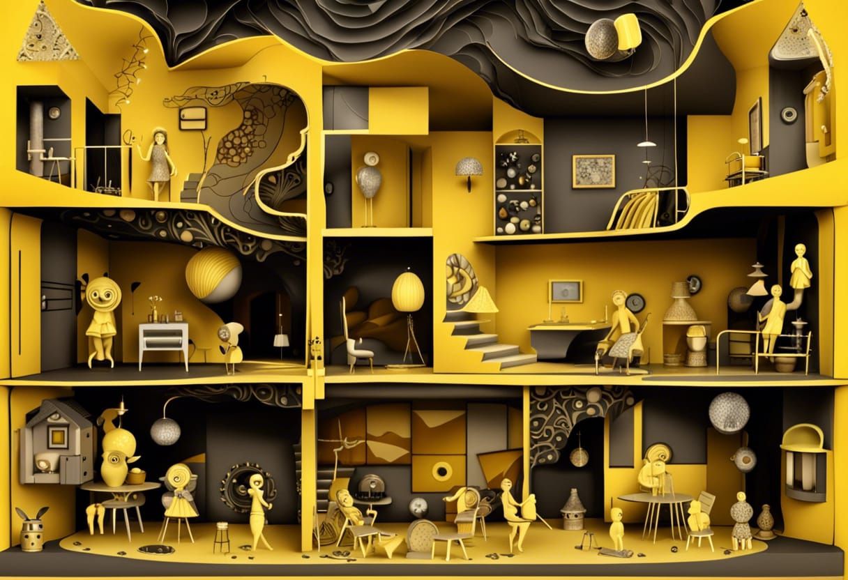 Chaotic Dollhouse with Puppets in Retrofuturist Style