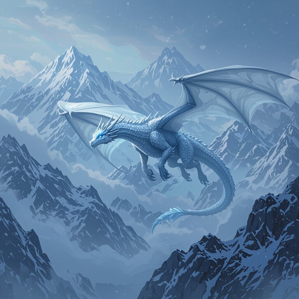 Ice Dragon Soaring Over Snowy Peaks