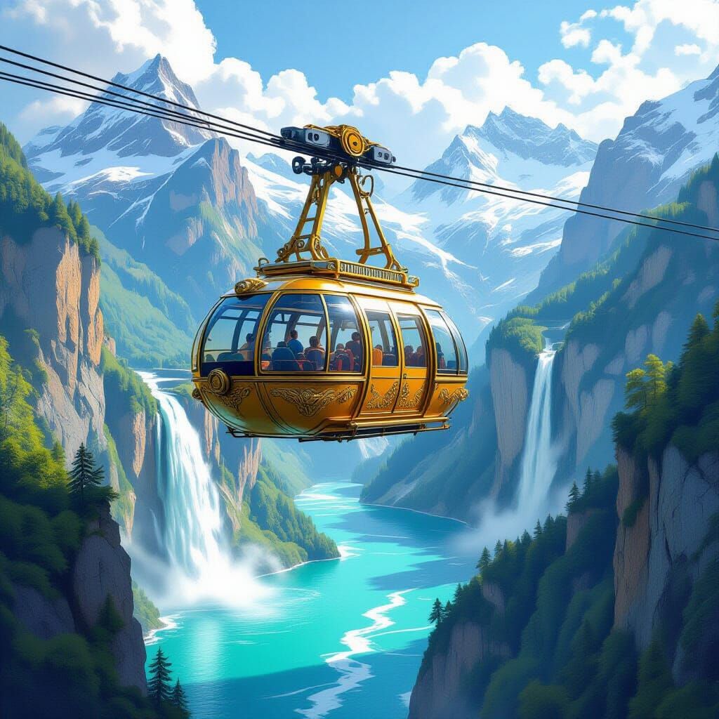 Fantastical Ornate Cable Car Above Swiss Alps Waterfalls