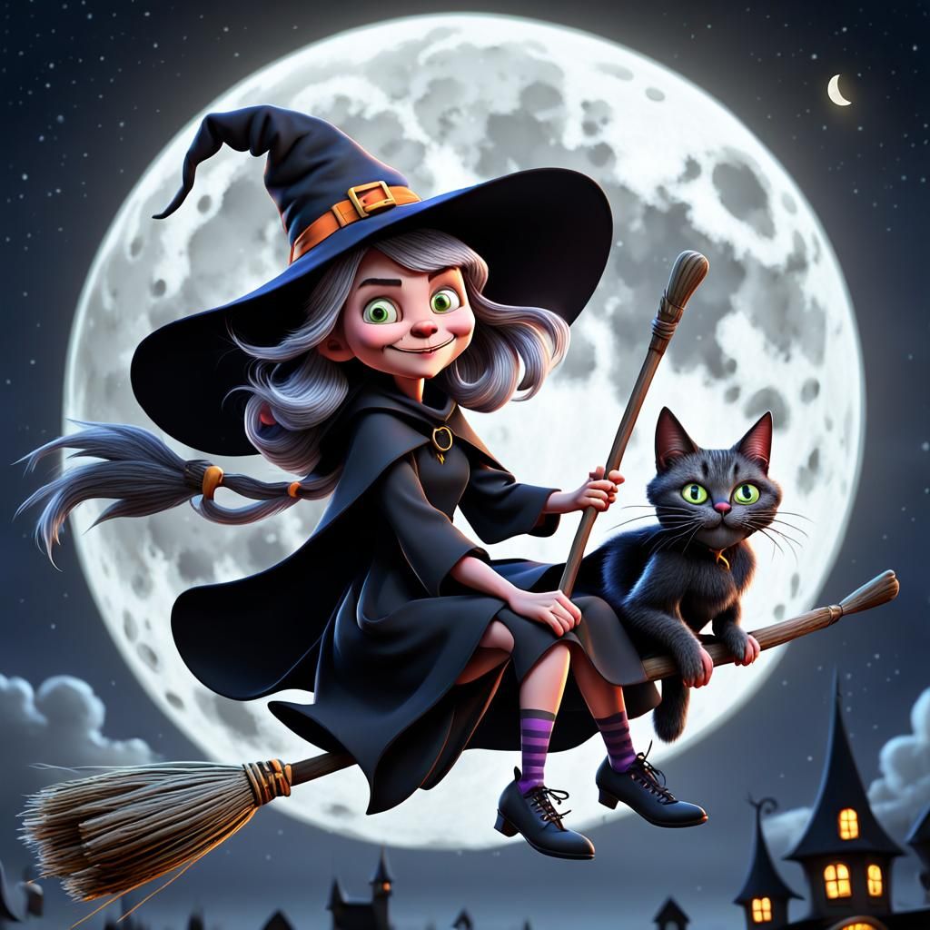 A 3D render of a cartoon-style medium shot of an extremely caricatured witch with a pointed chin and sharp nose. She is ...