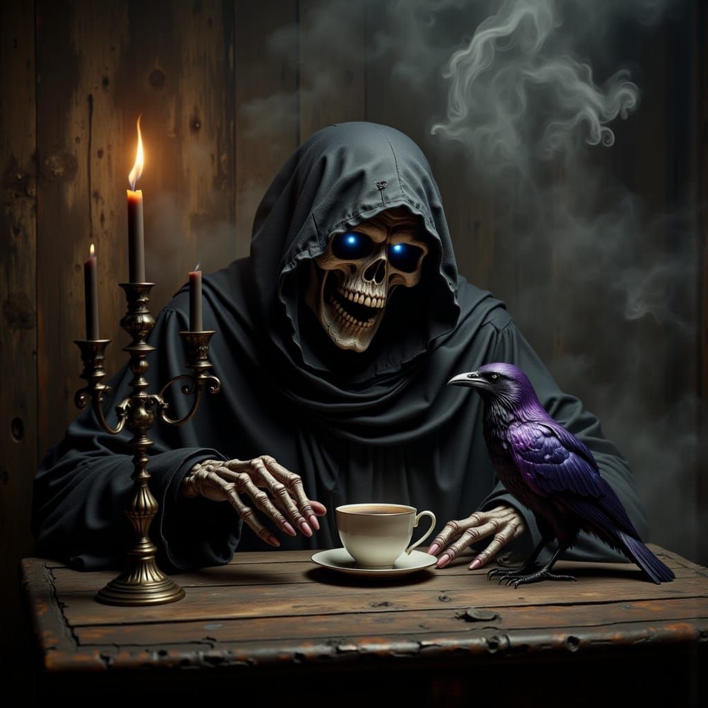 Macabre Reaper Sips Coffee Amidst Psychedelic Mist