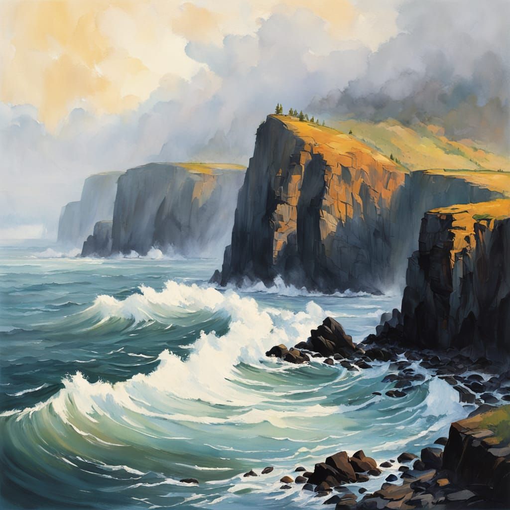 Misty Sea Gouache Painting with Golden Light