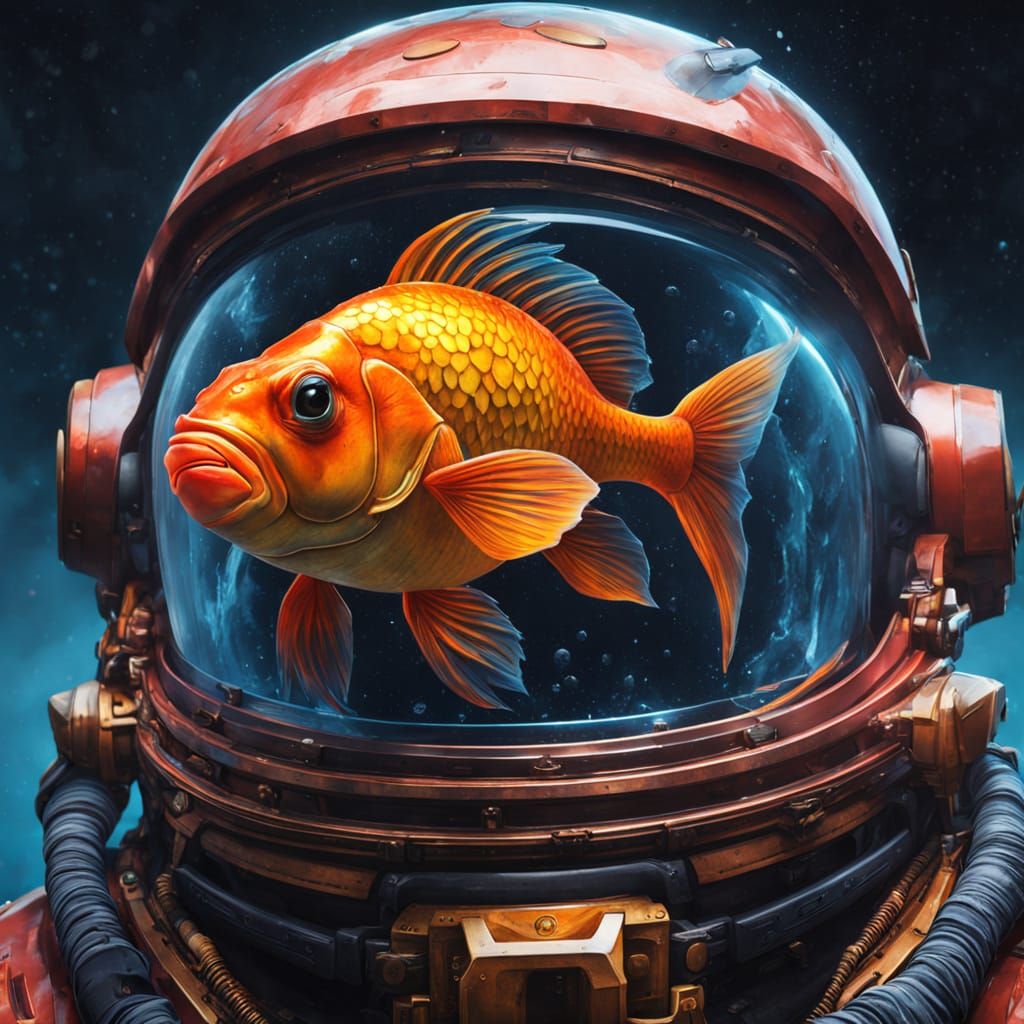 Vibrant Goldfish Swims Inside a Sci-Fi Spacesuit Helmet