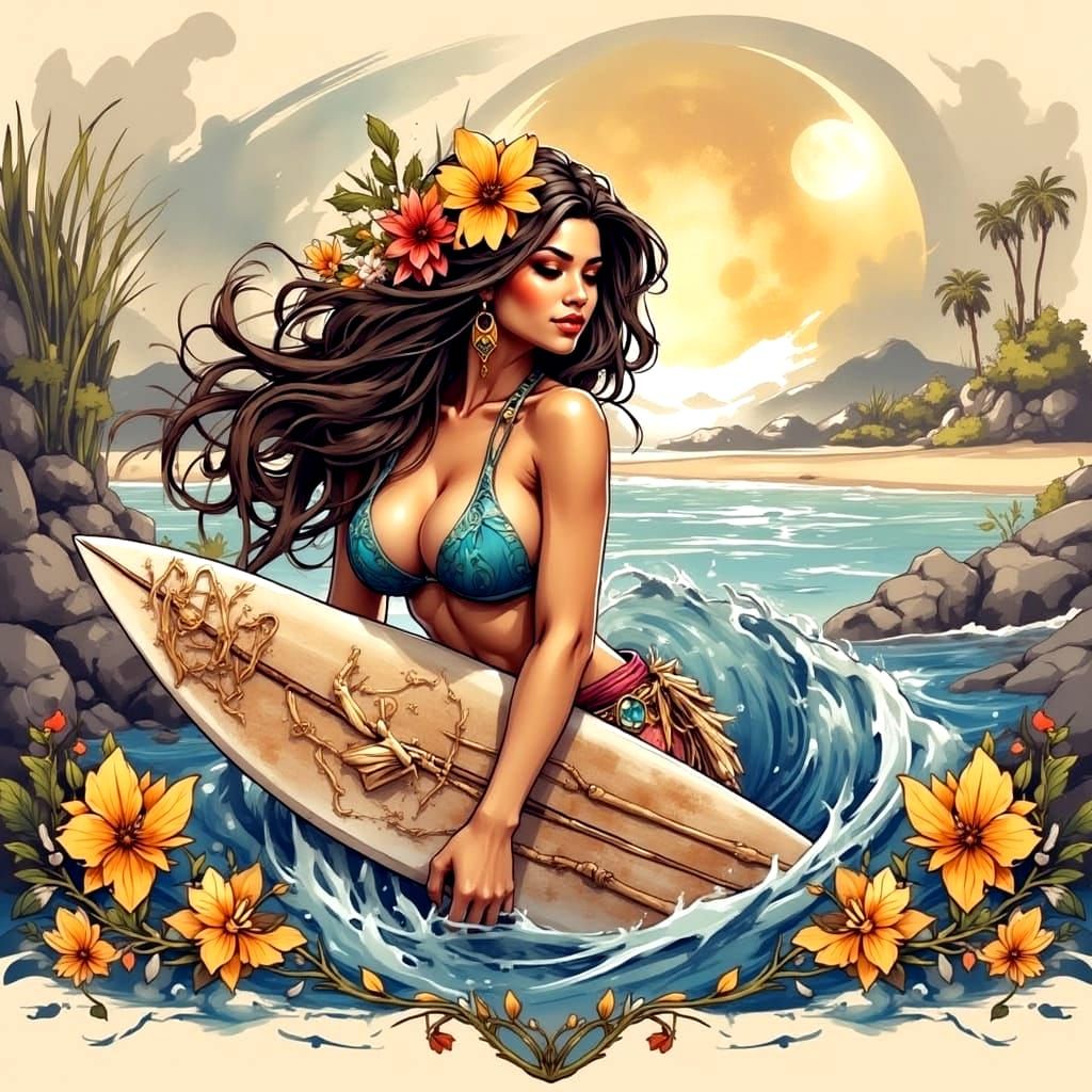 Hula Dancer with Surfboard Under Moonlight
