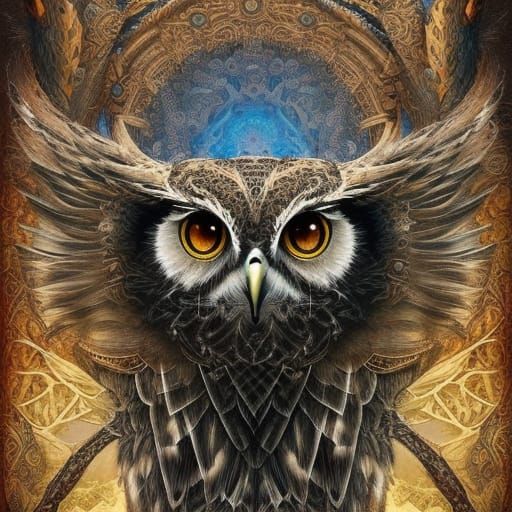 Fantasy Owl in Detailed Mixed-Media Collage