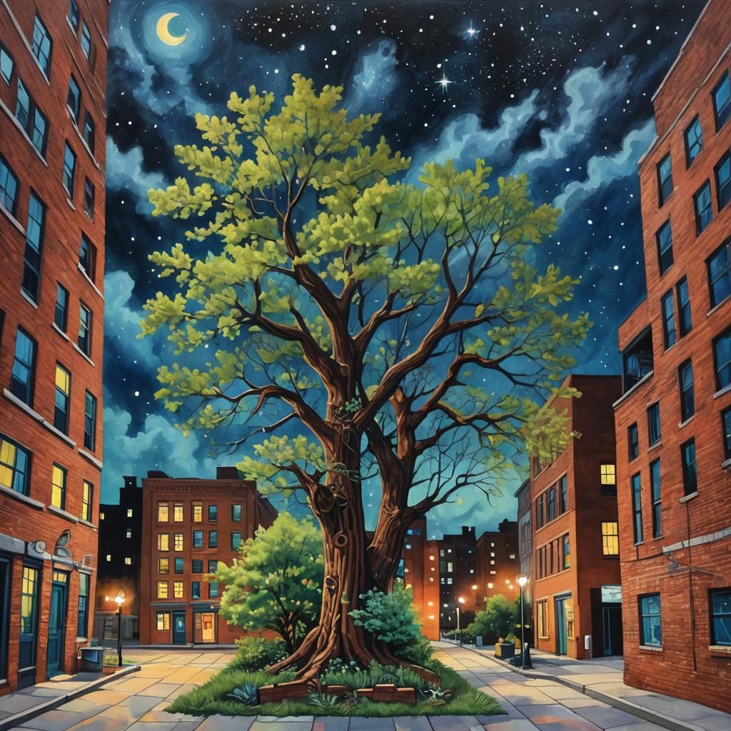 Gouache Night Sky with Trees and Skyscrapers