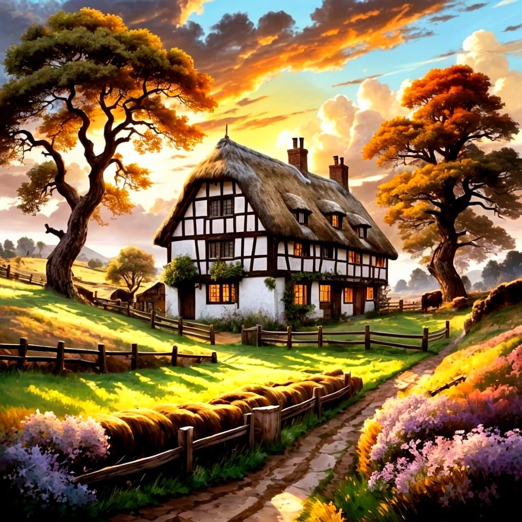 Tranquil Heather Landscape with Thatched House