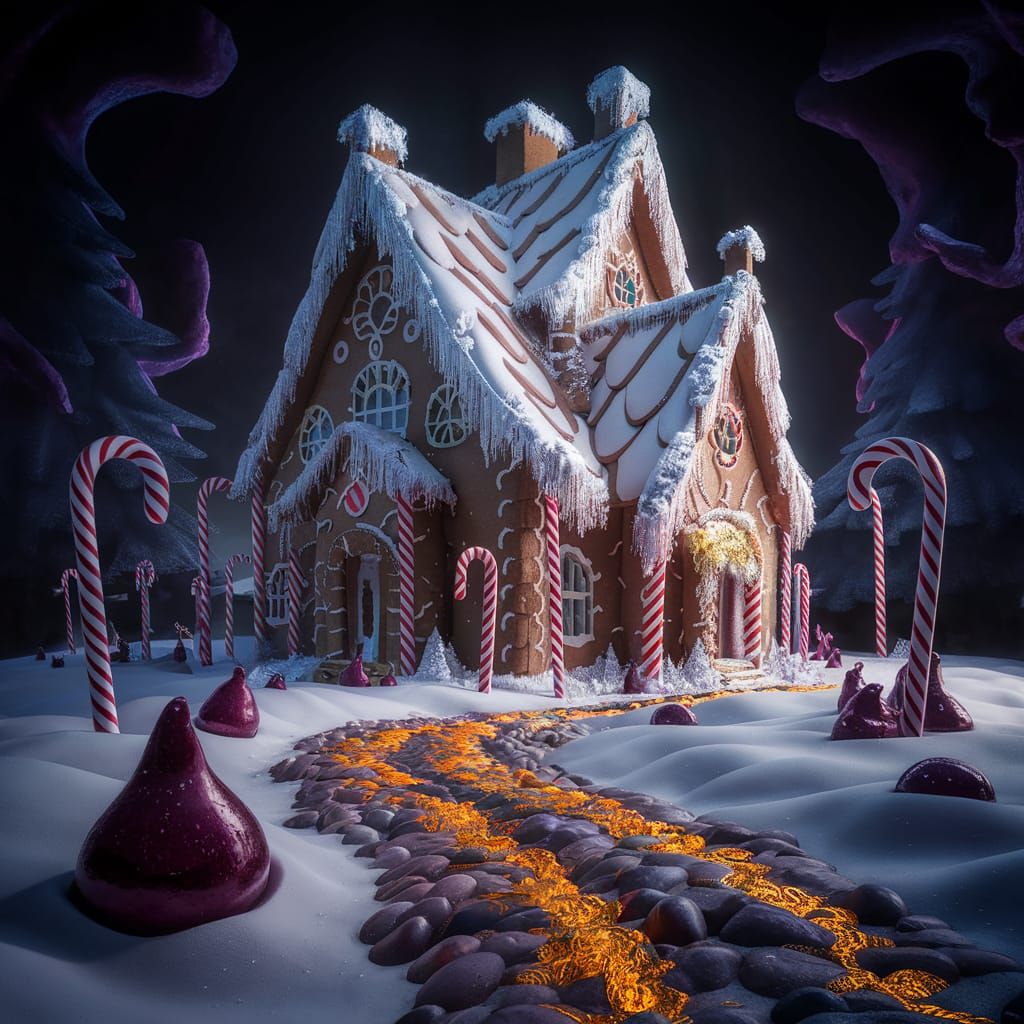 Gingerbread House in Winter Wonderland: Dark Fantasy Art