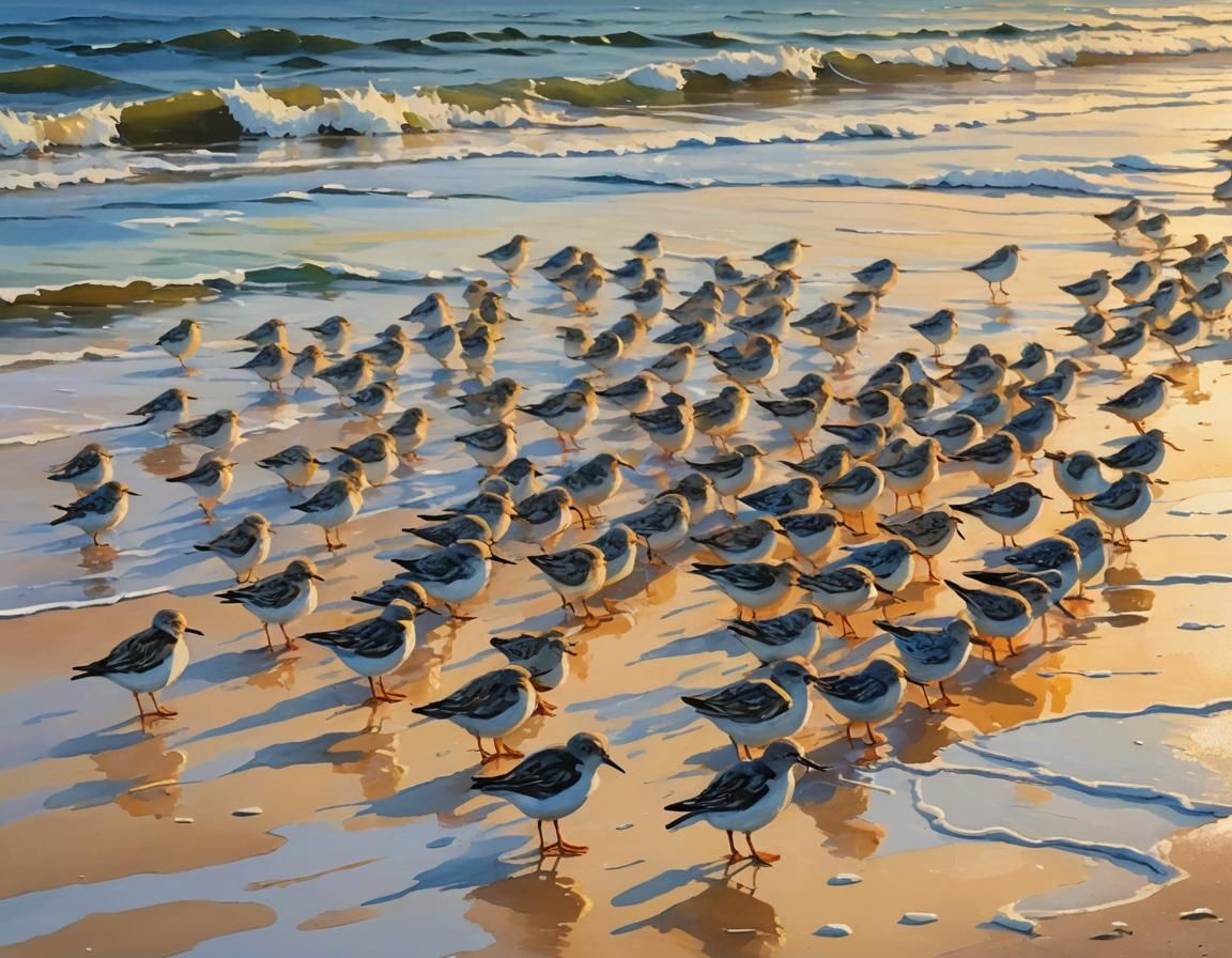 Sandpipers on Beach at Dawn in Impasto Style