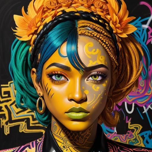 Golden Woman with Peacock Feathers, Urban Street Art