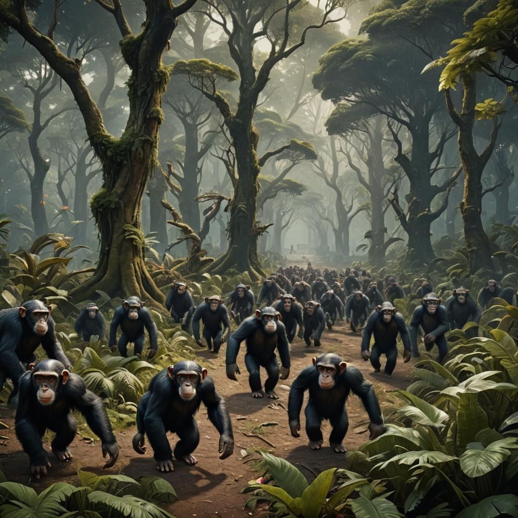 Chimpanzee Clan Marching: Detailed Matte Painting