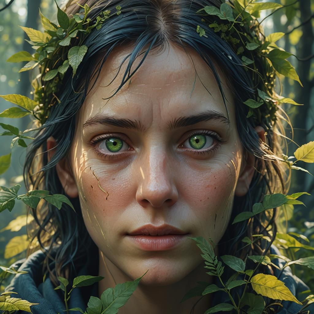 Woman with Green Eyes in Lush Foliage