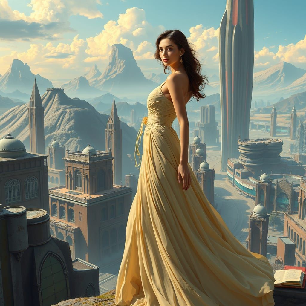 Futuristic Woman in Flowing Dress, Digital Art