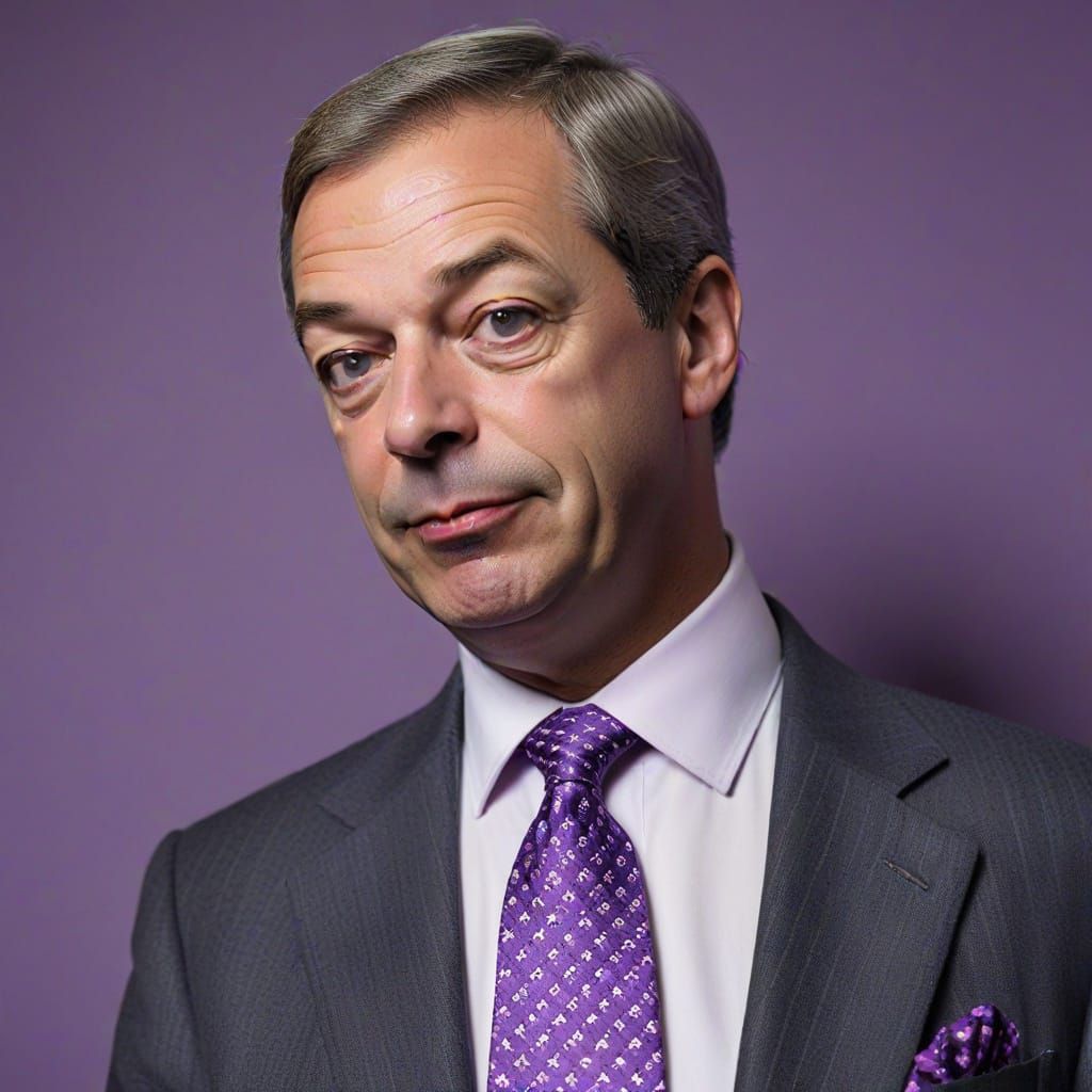 Nigel Farage of Reform messing around like a clown again wearing purple tie