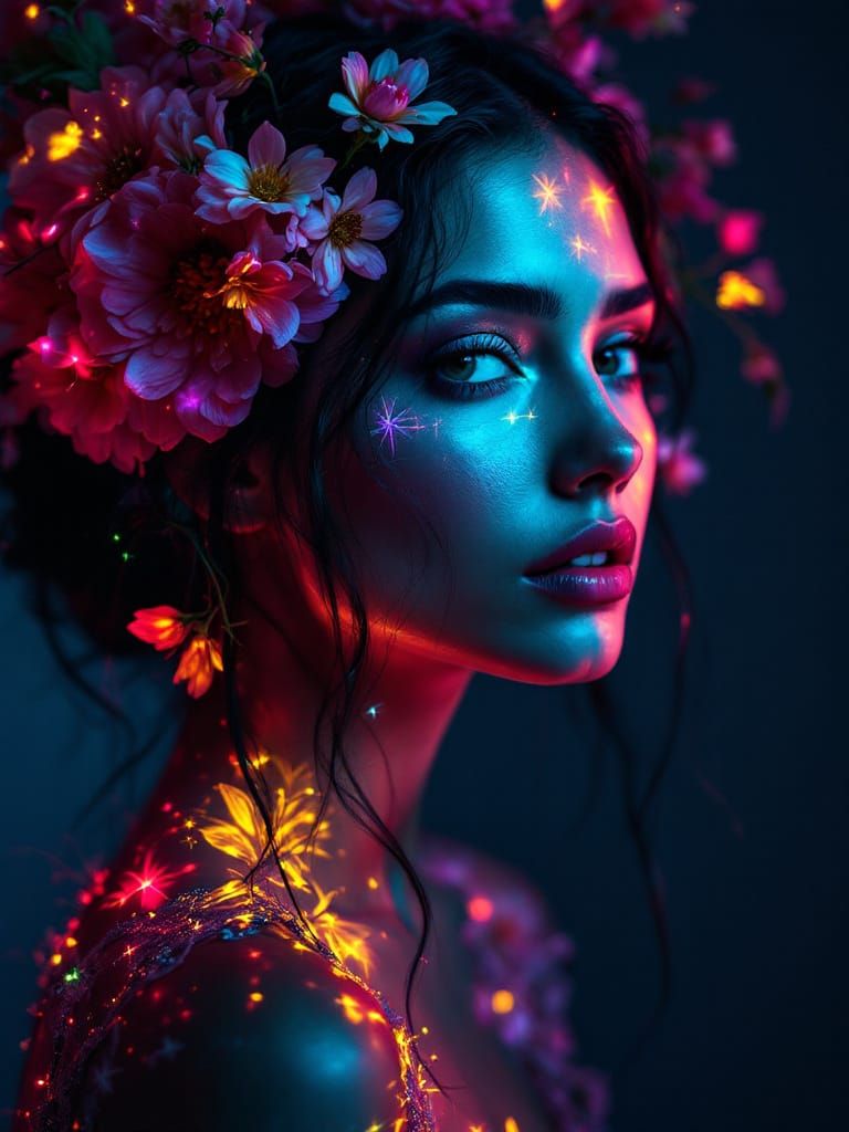 Studio Portrait of Woman with Neon Glitch and Floral Element...