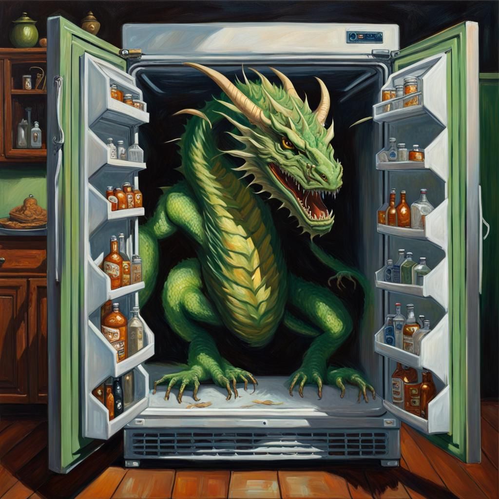 Dragon Emerges from Portal Refrigerator: Oil Painting