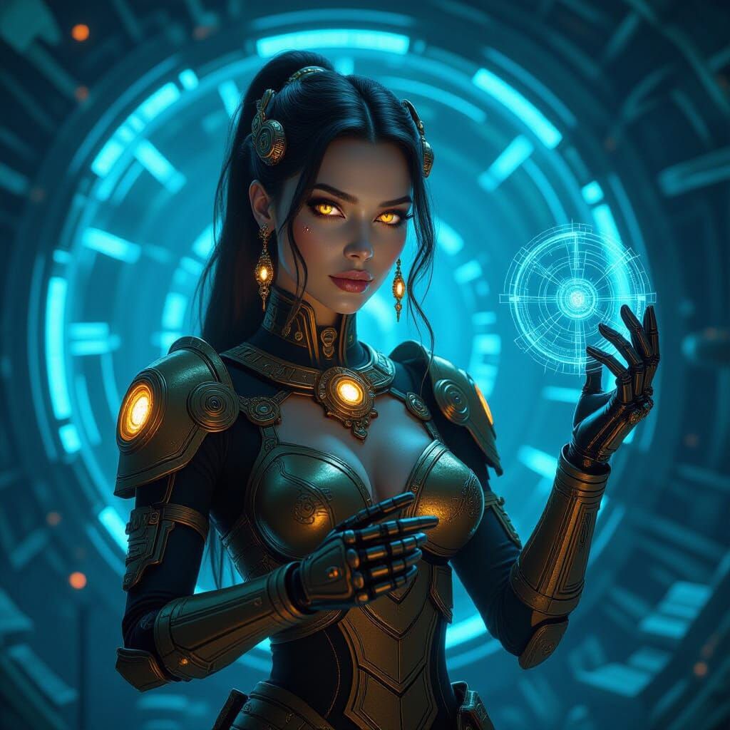 Beautiful Dwemer Woman with Glowing Eyes in Ornate Bronze