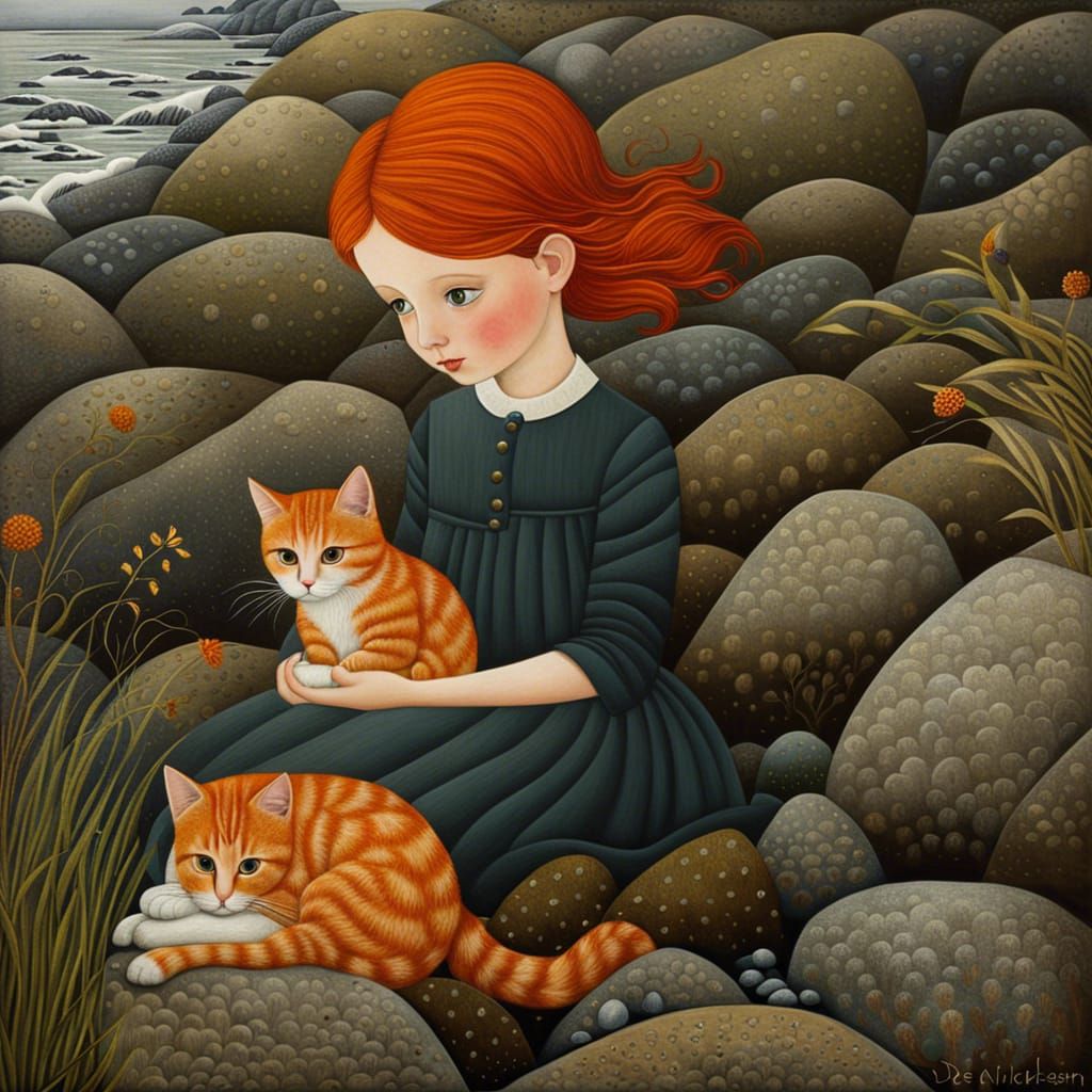 Redhead Toddler and Ginger Cat on Rocky Coast
