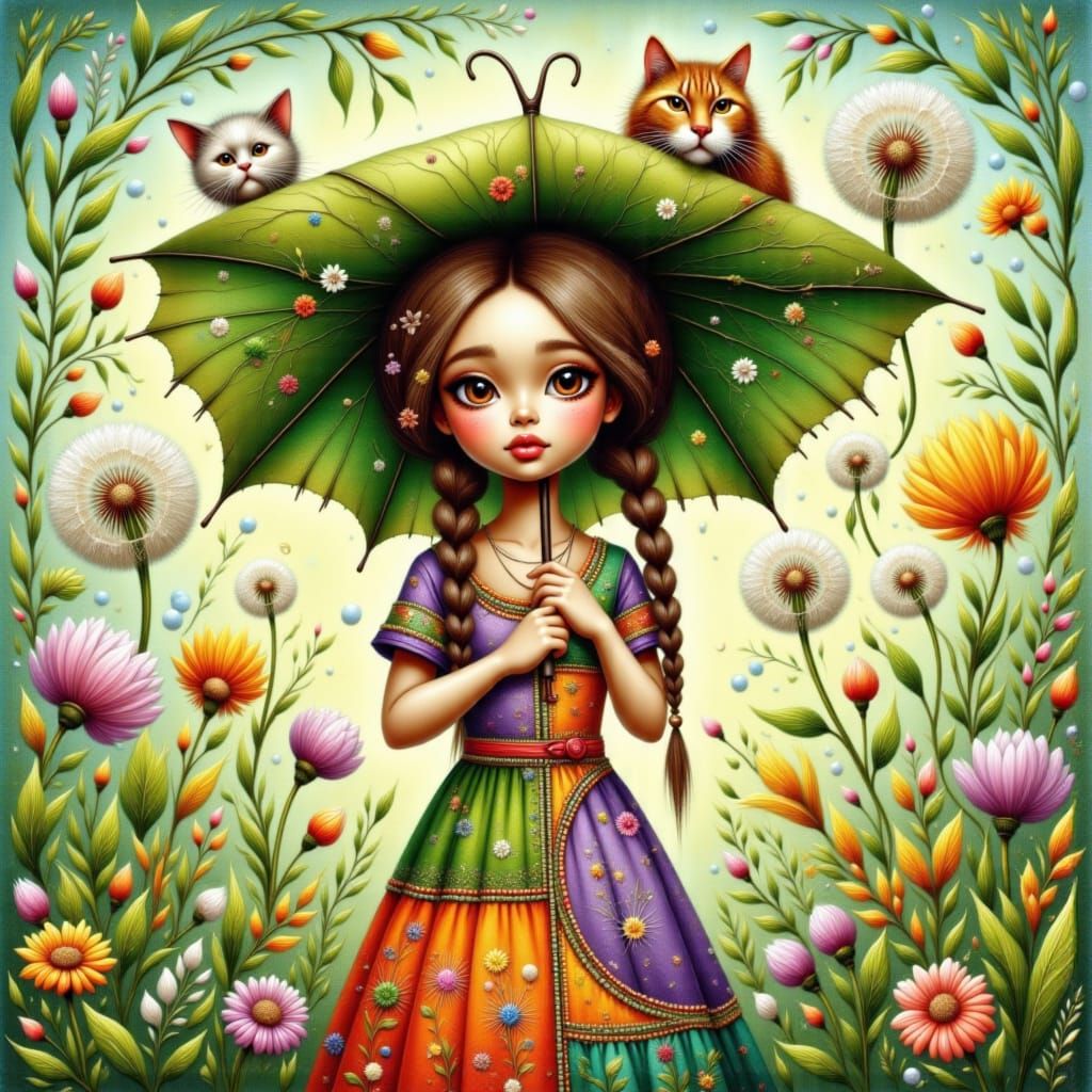 Dandelion Girl with Cat, Digital Art Style