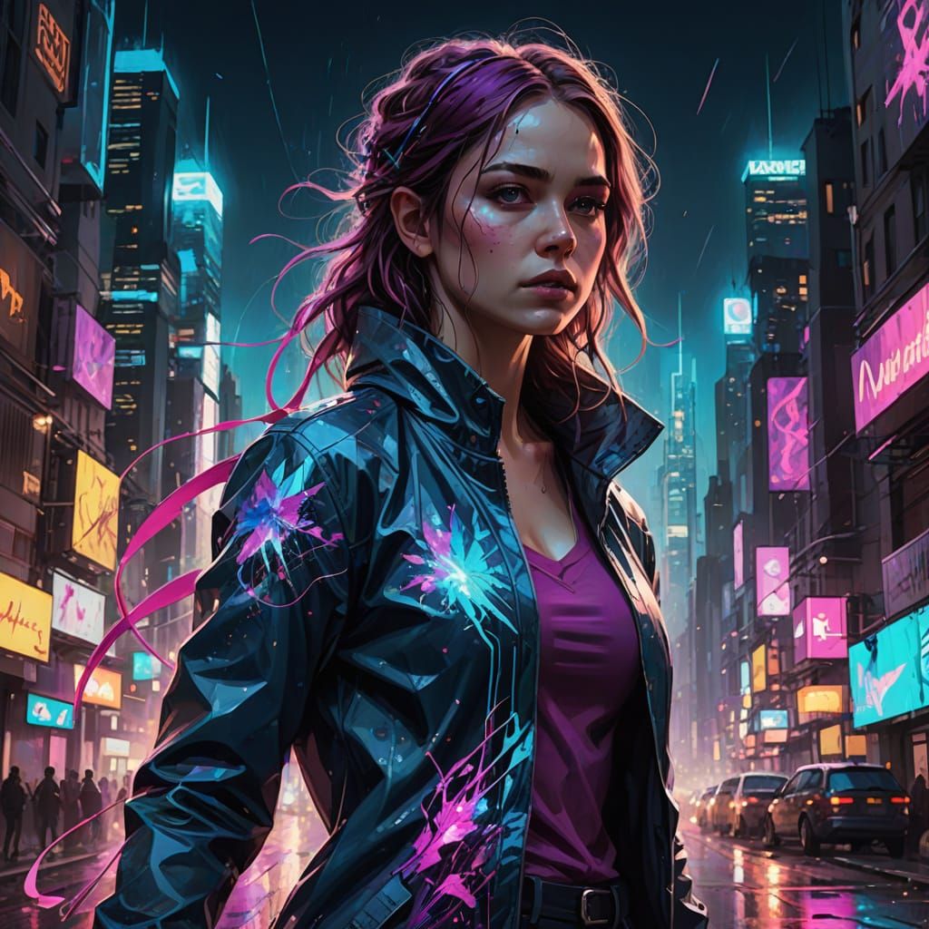 Woman in Neon Cityscape Digital Art